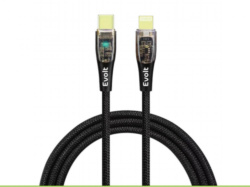 Evolt CLB-600 TYPE-C to lightning Compatible with IPhone PD27W Transparent Fast Charge and SYNC Tangle-free Nylon braided cable with triple protection evolt cbl 200 type c to lightning mfi certified 27w fast charge and sync tangle free fishing net wire braided cable 30 000x bend tested 1 2m white