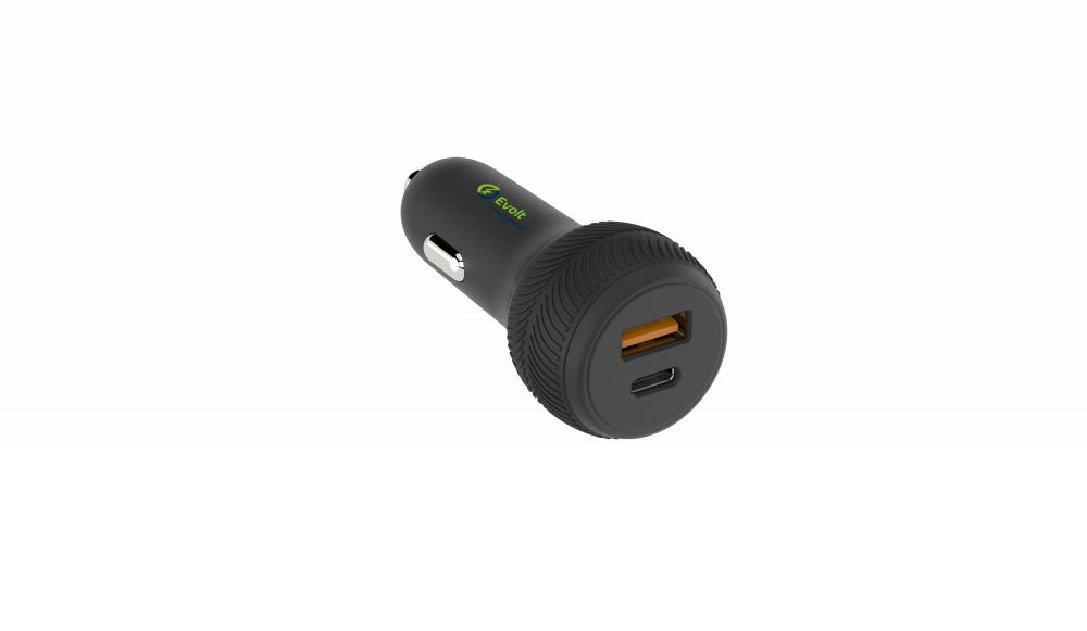 Evolt CC-100 38W PD Car Charger Dual TYPE-C \& USB with Cable 1M BLACK ultra fast car charger convenient compatibility accessory ensuring a hassle free charging experience all your devices high performance usb c port car