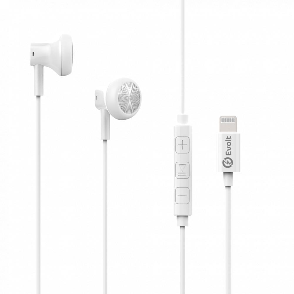 Evolt WSH-300 Wired Stereo Lightning Headset for apple iPhone MFI Certified WHITE evolt wnb 100 wireless neckband bluetooth version 5 3 upto 50 hrs of music time with magnetic snugfit earbuds design and digital battery display