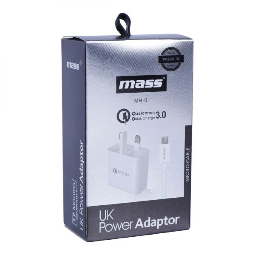 цена Mass UK Power Adaptor with Micro Cable, White