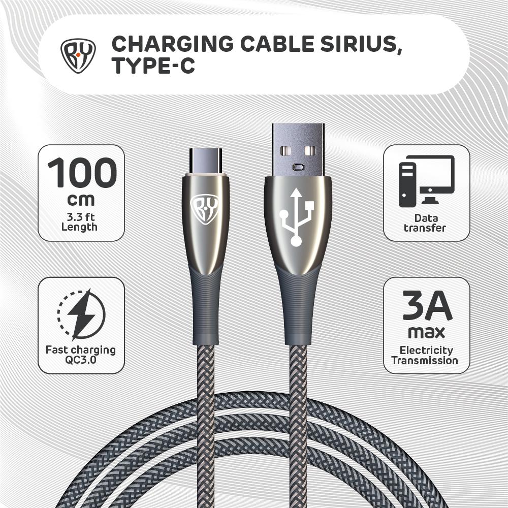 BY Original Type-C Fast Charging Cable QC3.0, 1m, 3A, Grey Colour, Plug with LED khons evse type 2 electric vehicle ev charger with schuko plug adapters 16a adjustable 5m cable portable level 2 fast charging