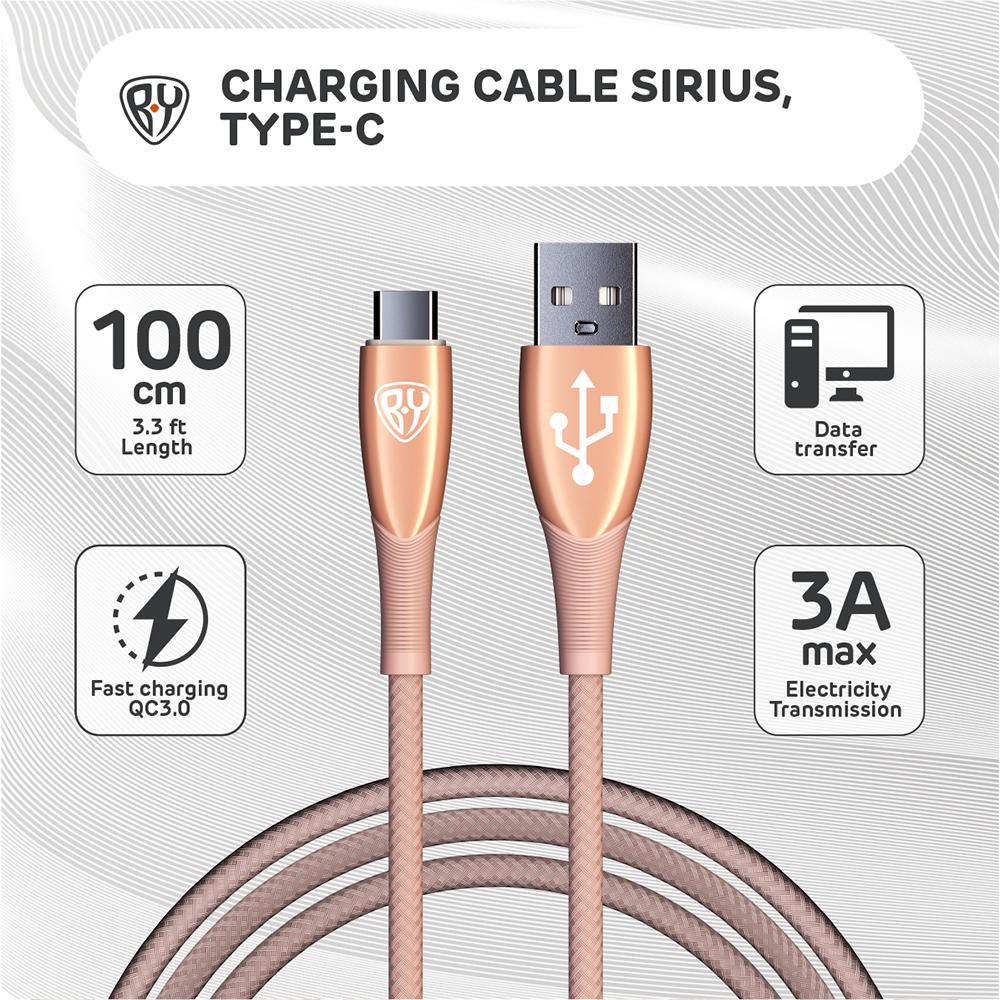 BY Original Type-C Fast Charging Cable QC3.0, 1m, 3A, Rose Colour, Plug with LED by original type c fast charging cable qc3 0 200cm 3a blue colour