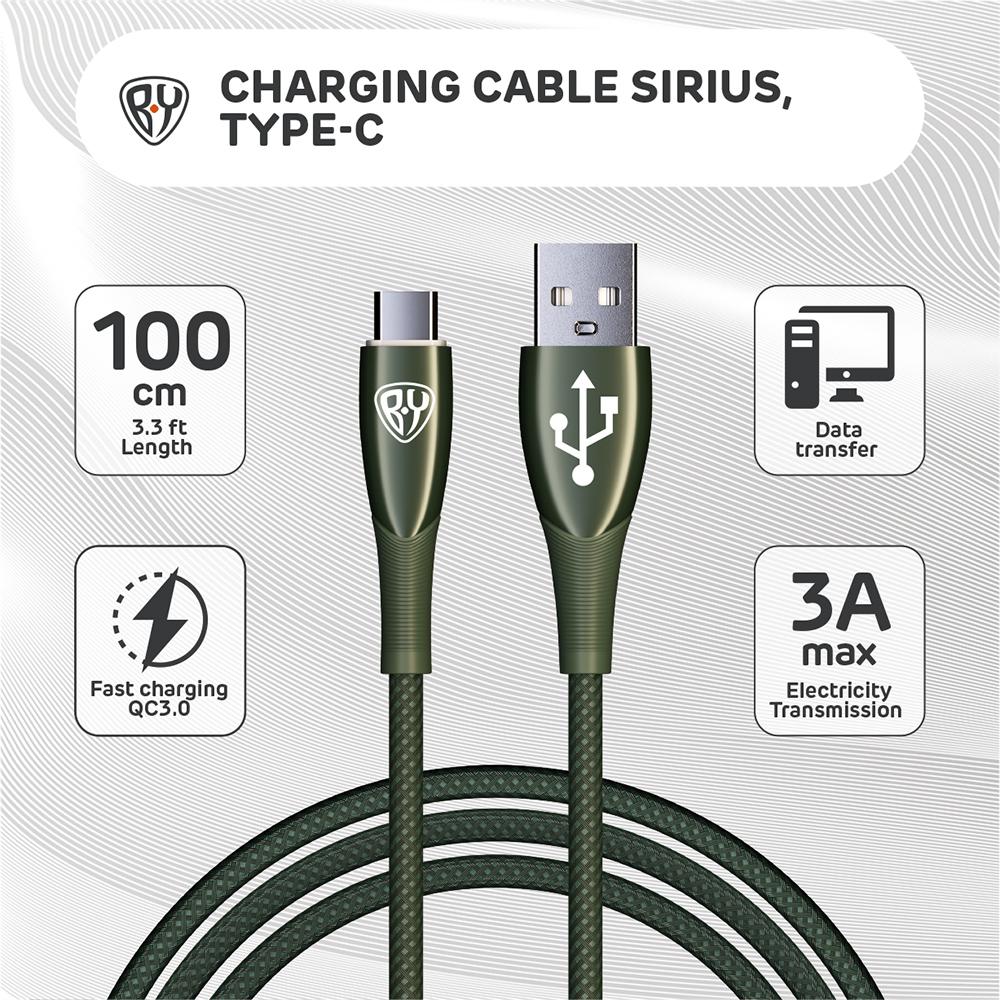 BY Original Type-C Fast Charging Cable QC3.0, 1m, 3A, Green Colour, Plug with LED