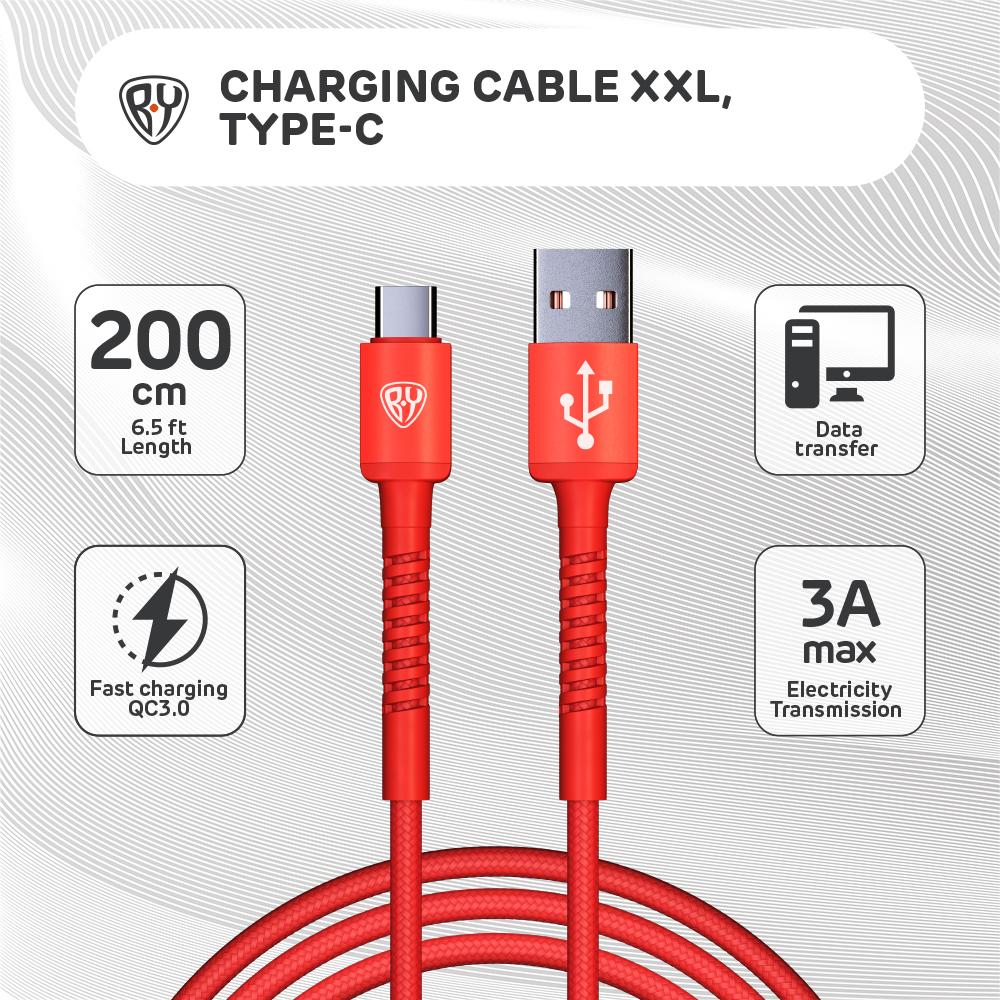 BY Original Type-C Fast Charging Cable QC3.0, 200cm, 3A, Red Colour by original type c fast charging cable qc3 0 1m 3a green colour plug with led