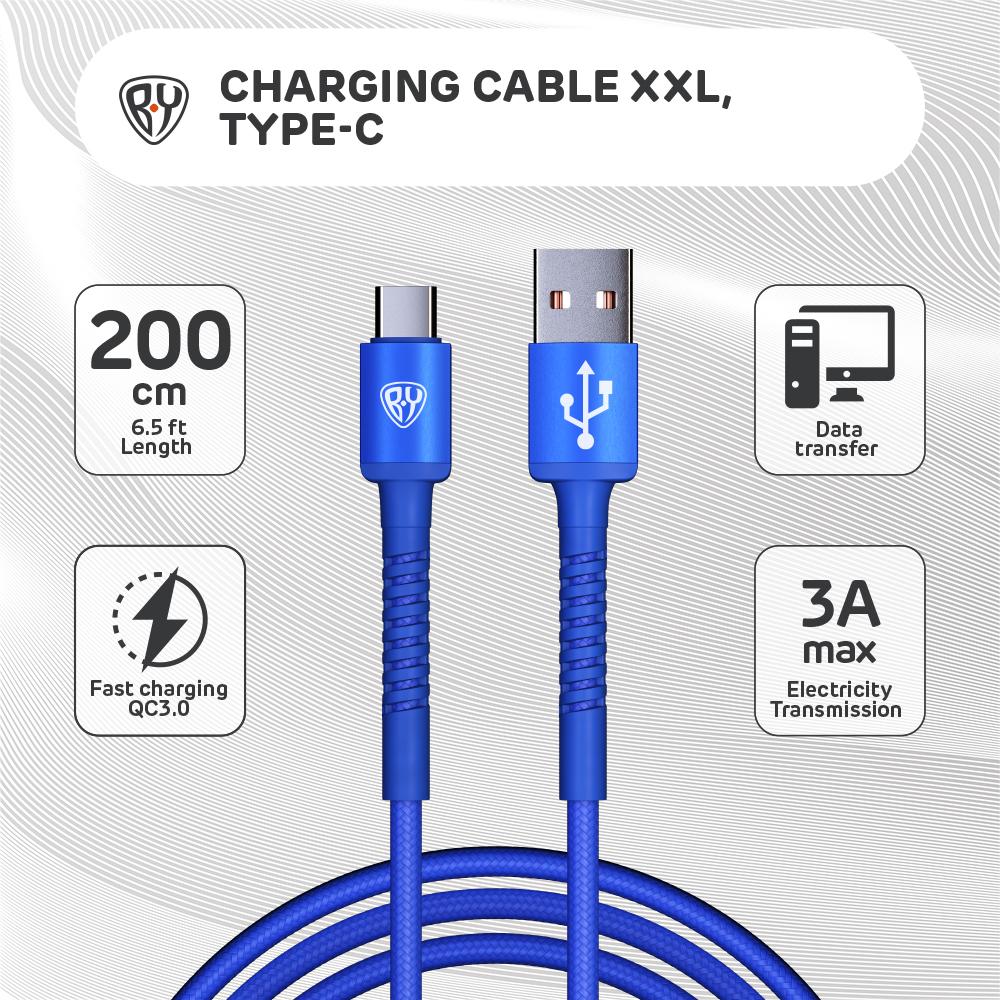 BY Original Type-C Fast Charging Cable QC3.0, 200cm, 3A, Blue Colour фотографии