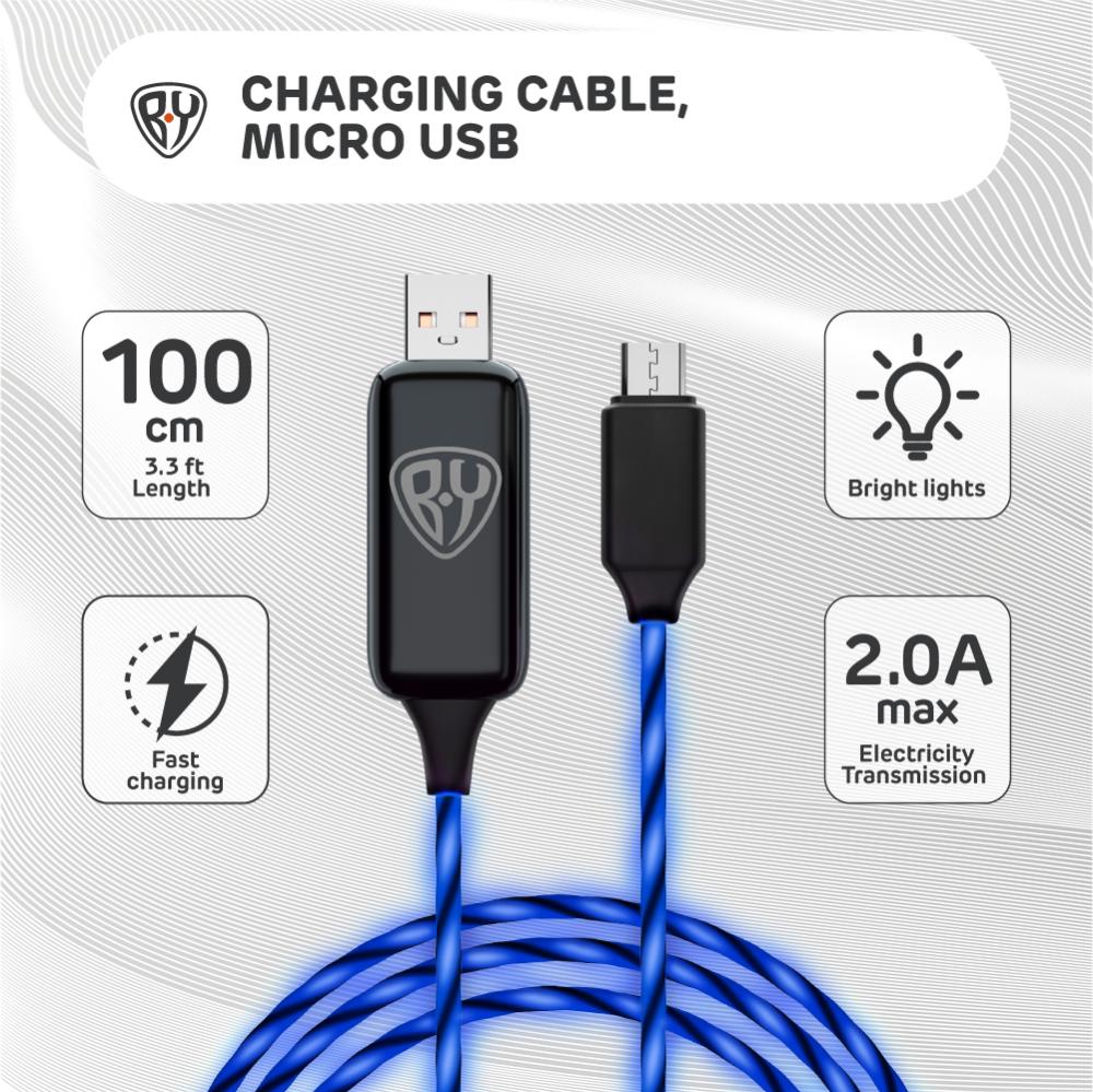 BY LED Micro USB Data Transfer Charging Cable Blue LED Flow Current Light , 2A ,100cm