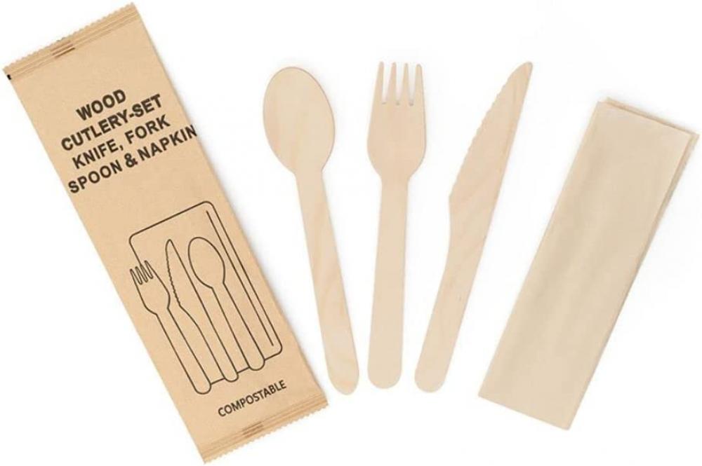 цена Disposable Biodegradable Wooden Cutlery Set Packed Wood Knives, Wood Spoons, Wood Forks Paper Napkin - 50 Set (50)