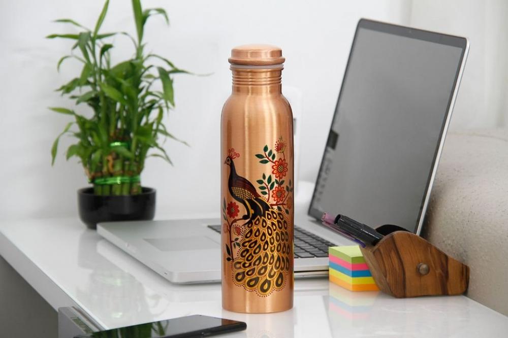 Copper Water bottle Ayurvedic Copper Vessel- Colourful Peacock Print 500ml outdoor sport portable silicone water bottle retractable folding sports drink kettle coffee bottle travel drinking cups
