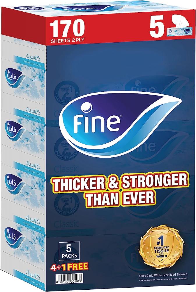 Fine / Facial tissues, Classic, Sterilized, 170 sheets x 2 ply, 5 packs (4+1 free)