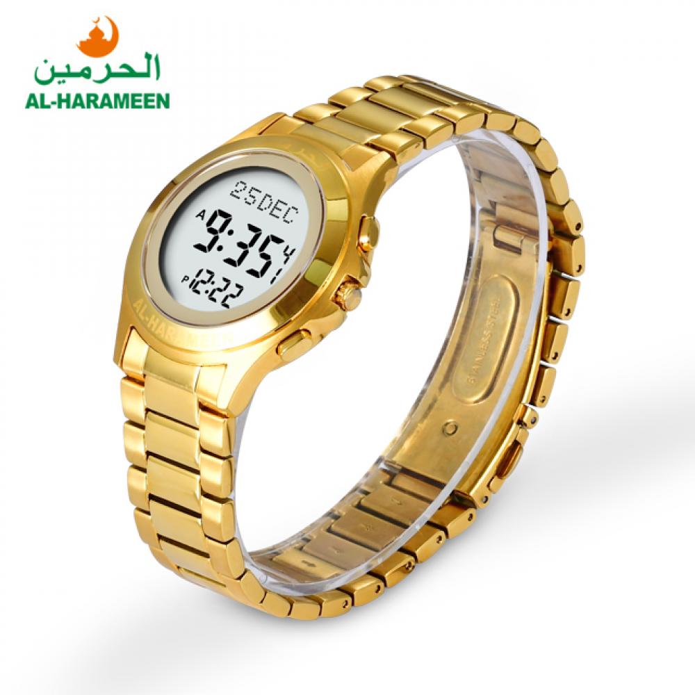 AL HARAMAIN HA-6371G Qibla Compass Stainless Steel Waterproof Lover Azan Watch water resistant electronic watch waterproof led electronic watch with adjustable silicone strap square earth dial ideal for kids