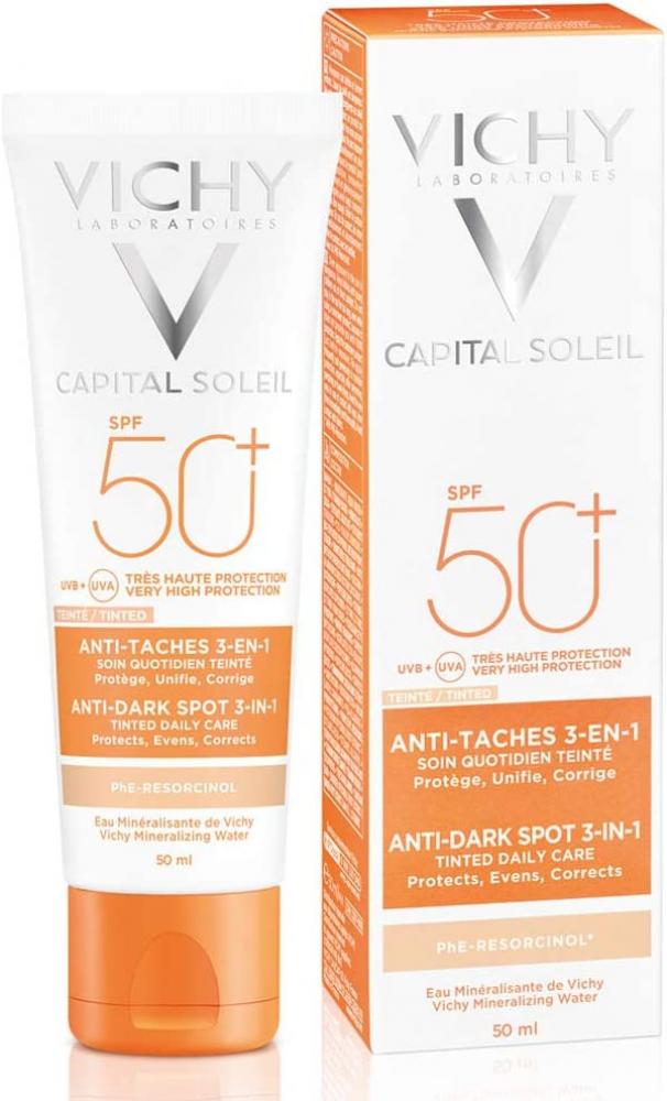 Vichy / Tinted daily care, Capital Soleil, SPF 50+, 1.7 fl oz (50 ml) vichy sunscreen capital soleil spf 50 dry touch face fluid mattifying combination to oily sensitive skin 1 7 fl oz 50 ml