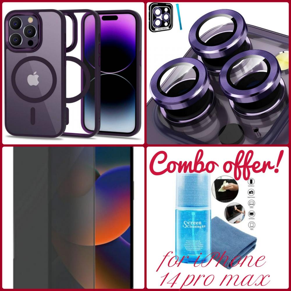 COMPLETE PROTECTION FOR YOUR MOBILE IPHONE 14 PRO MAX TPU MAGSAFE CASE PURPLE 1 PC CAMERA PROTECTION 2 PCS OZON PRIVACY SCREEN PROTECTOR 1 PC OZON 5D clear sheet protector a4 60 micron poly bag of 100 pc