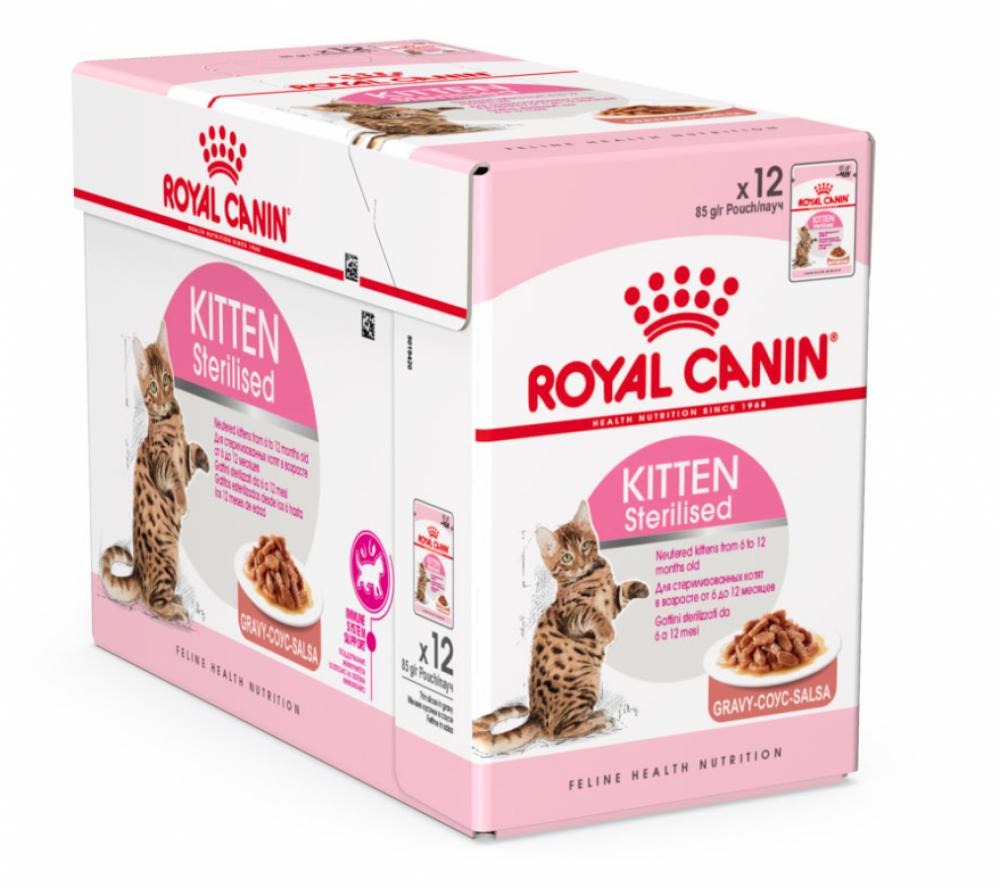 Royal Canin \/ Wet food, Kitten, Sterilized, Gravy, Pouch box, 12 x 3 oz (12 x 85 g) purina friskies wet cat food beef chunks in gravy pouch 3 oz 85 g