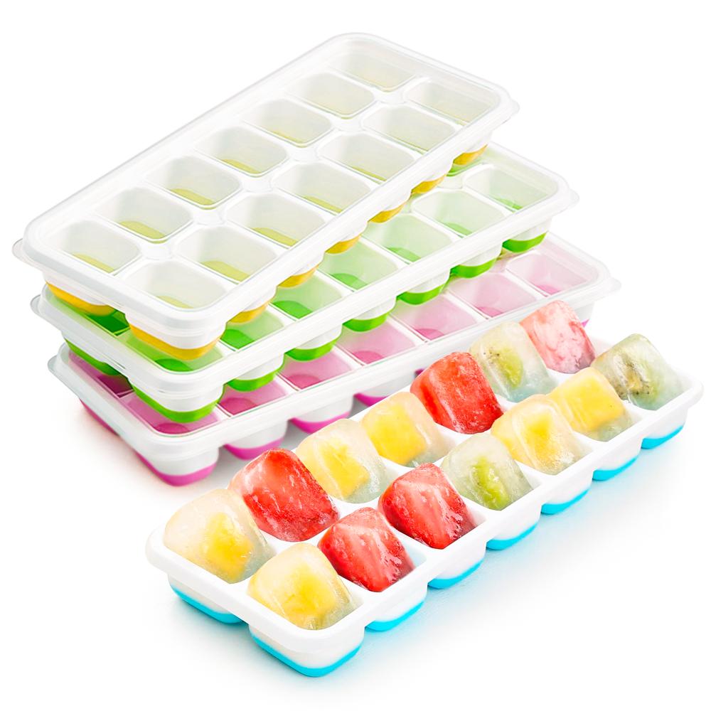 Silicone Flexible 14-Ice Cube Trays set with Spill-Resistant stackable ice tray with covers removable lid ice cube maker for cocktail freezer includin high quality plastic ice globe cube tray 14 grid round ice ball mold with flexible release ice cube maker bar kitchen tools