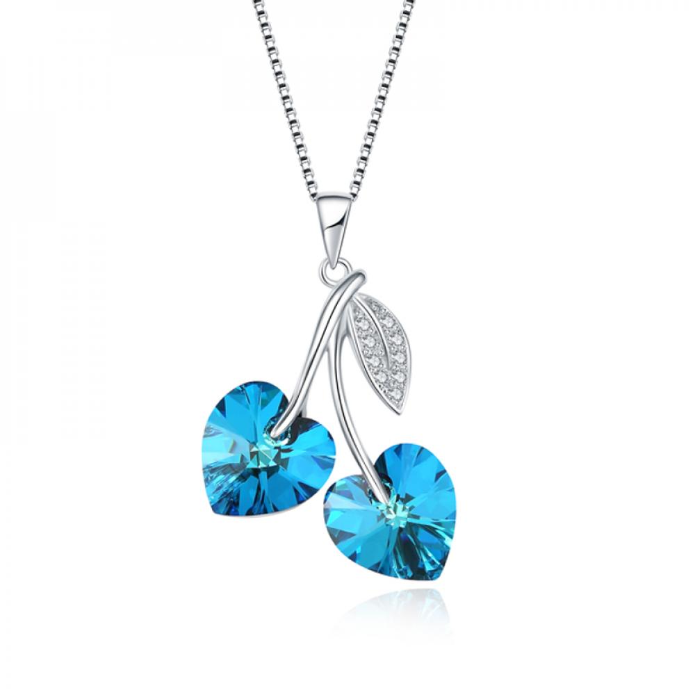 Luxury Bee Necklace Austi - Swarovski Crystal Dual Heart Necklace Silver Sterling 925-Blue Color-Valentine Gift for Her accent chain with heart shaped pendant