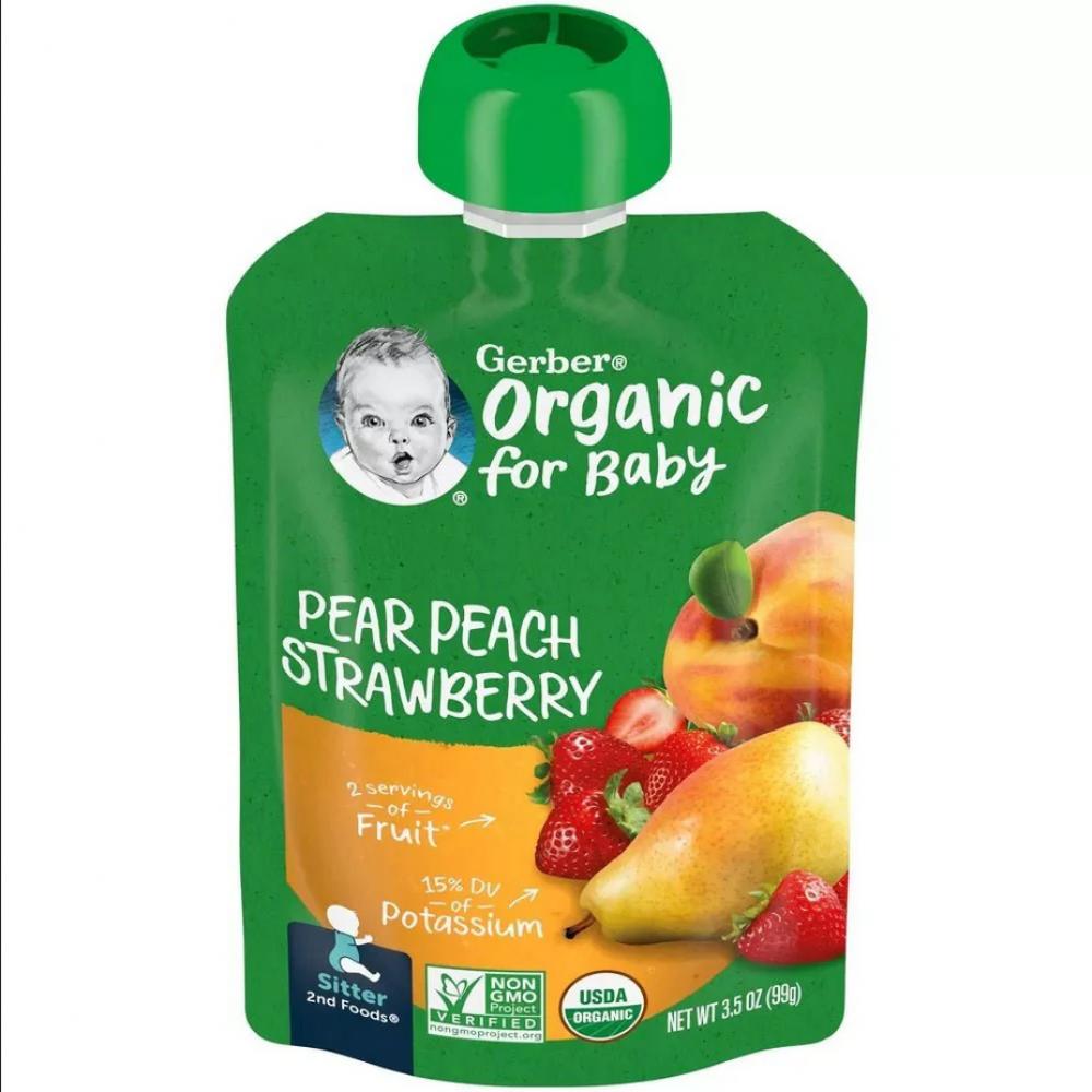 Gerber 2nd Organic Pear Peach Strawberry, 99g gerber organic for baby 2nd foods банан манговое пюре 90 г 3 17 унции