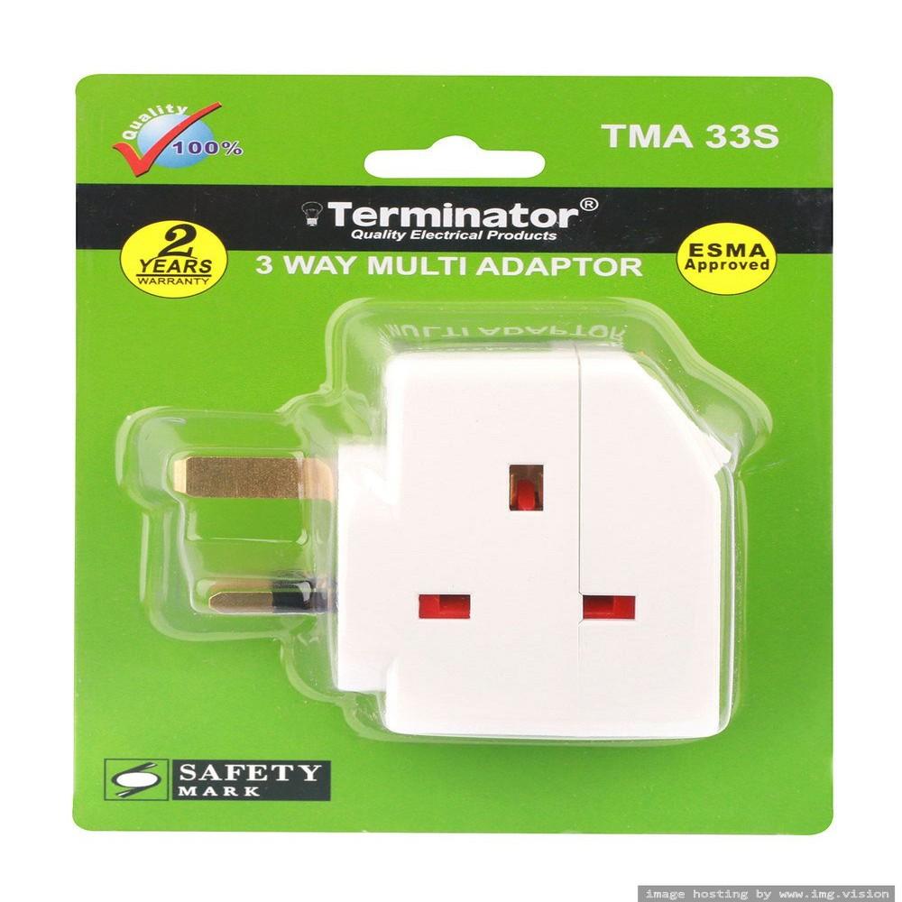 Terminator brand 3 Way UK Socket Multi Adaptor With Individual Switches With 2 Pin terminator brand 3 way universal multi adaptor
