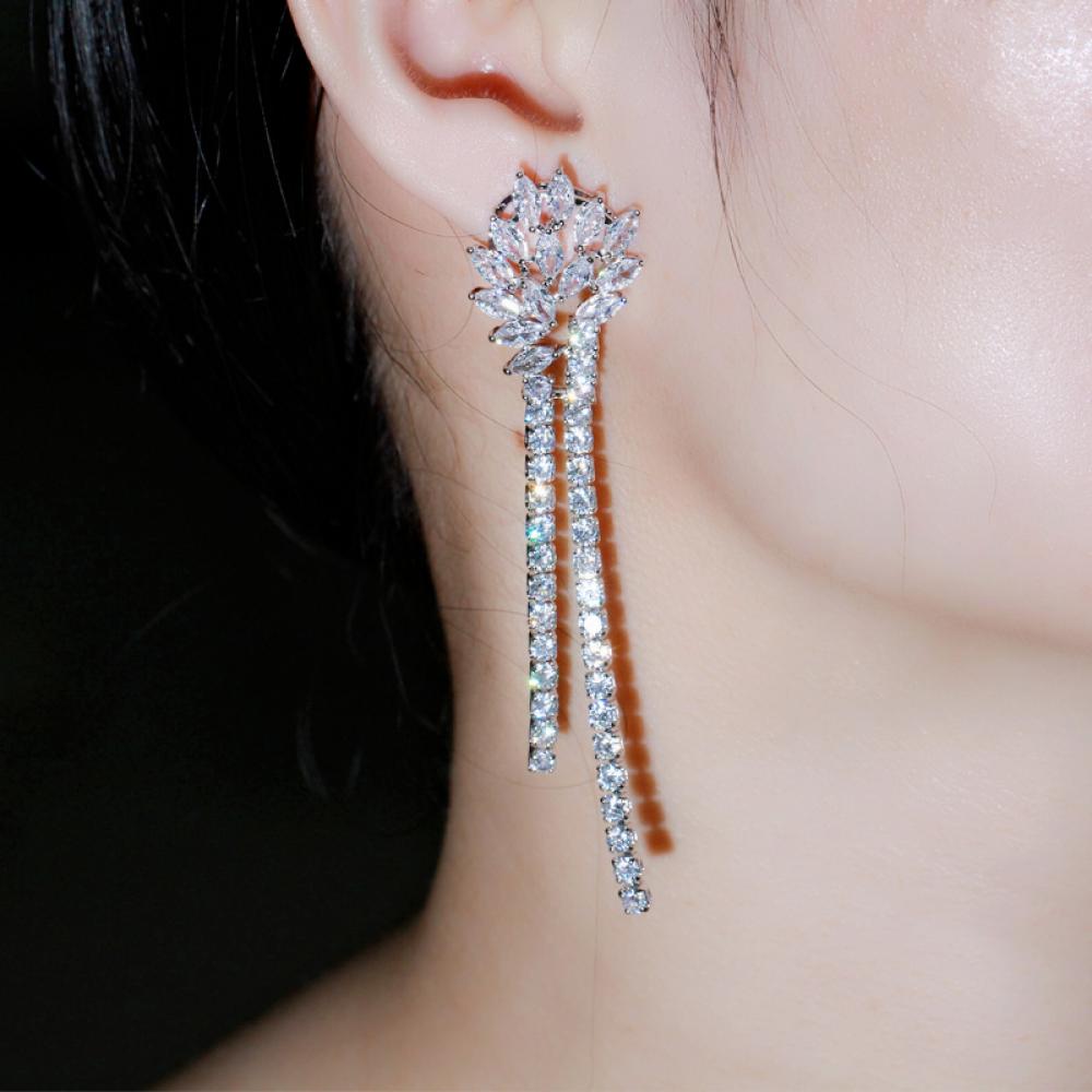 Sparkling White Cubic Zircon Long Dangle Tassel Silver Drop Earrings