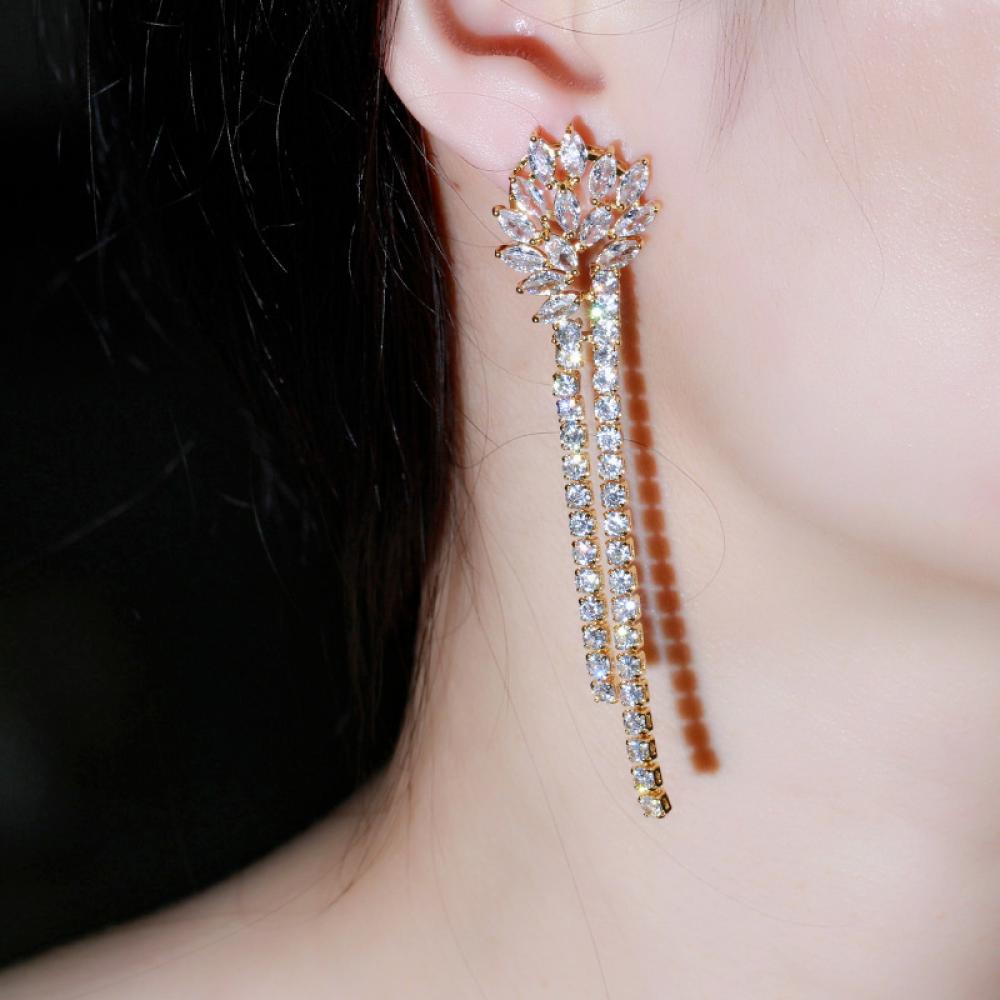 Sparkling White Cubic Zircon Long Dangle Tassel Gold Plated Drop Earrings
