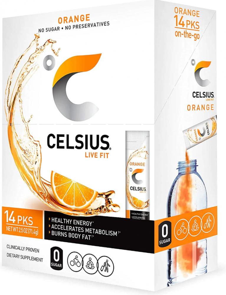 Celsius Orange On-the-Go Powder Stick Packs, Zero Sugar (14 Sticks per Pack) цена и фото