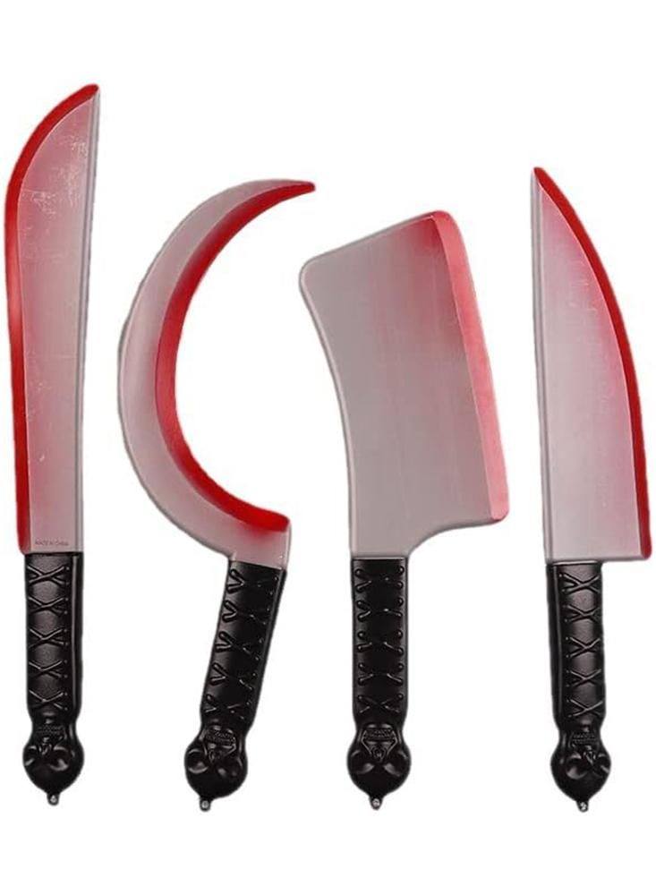 цена Fake Bloody Butcher Knife Set for Halloween Parties- Includes 4 Prop Knives and Scary Plastic Machete Costume Accessory