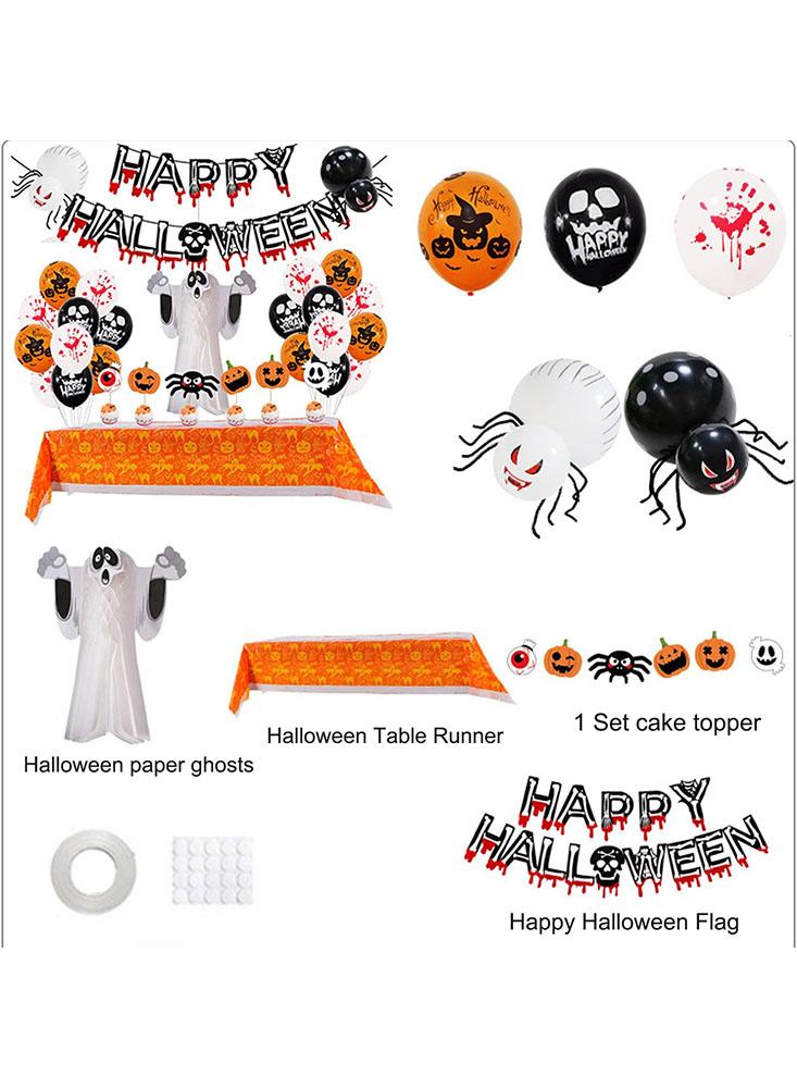 Halloween Party Balloon Kit, Includes Happy Halloween Banner, Bloody Table Cover, Orange Black White Balloons with Ghost and Spider Patterns and Cake laeacco happy halloween background horrible dark castle pumpkin lantern ghost poster photocall banner photographic backdrops