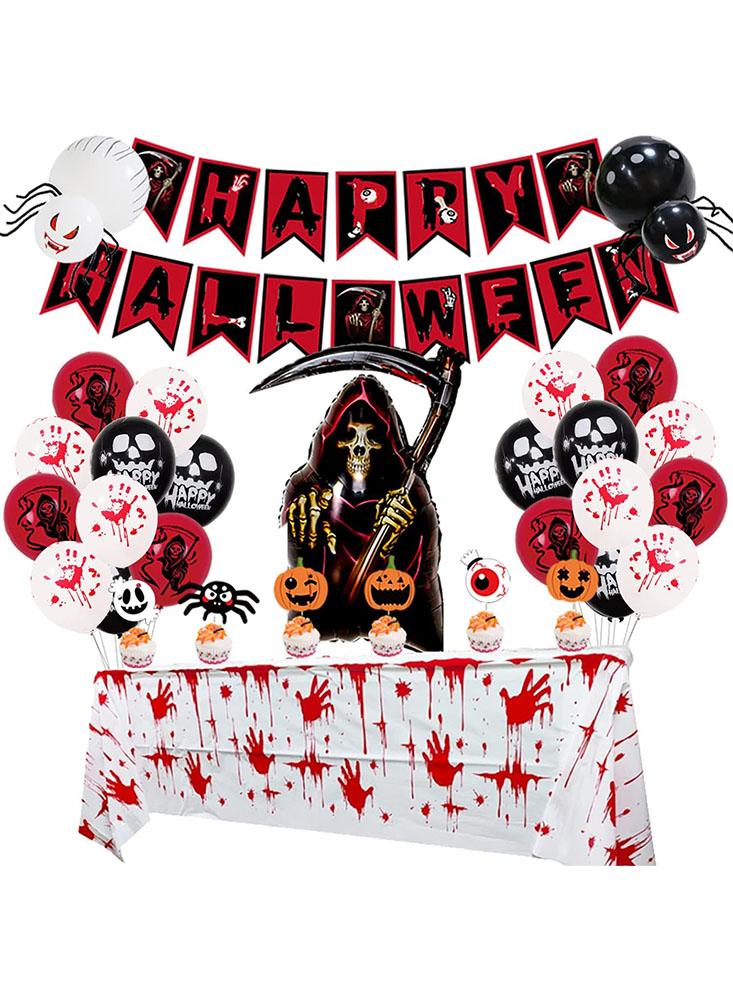 Halloween Party Balloon Kit, Includes Happy Halloween Banner, Bloody Table Cover, Orange Black White Balloons with Ghost and Spider Patterns and Cake