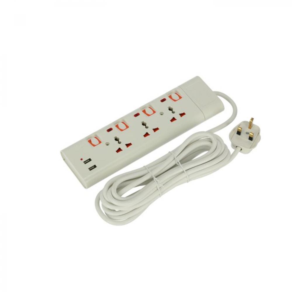 Geepas - 3 Way Extension Socket With 2 USB Port - 4 Power Switches, 4 Led Indicators, Extra Long 5m Cord With Over Current Protected Ideal For All