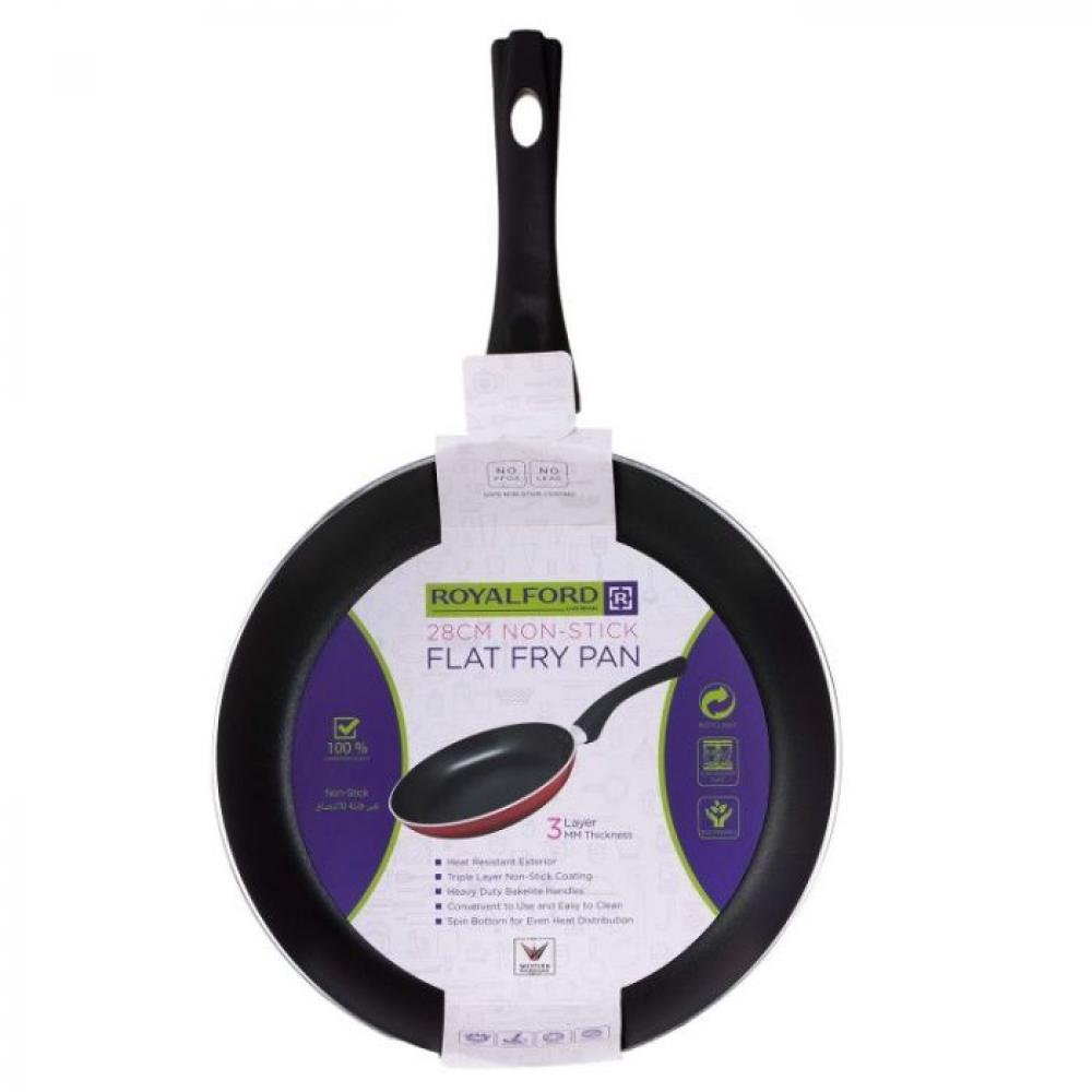 Royalford - 28cm Non-Stick Flat Fry Pan, Aluminum Fry Pan, Ergonomic Handle Dishwasher Safe, Ideal For Frying, Sauteing, Stir Frying \& More (RF1263FP geepas digital air fryer 3 5l 1500w non stick basket dishwasher safe overheat protection hot air circulation technology for oil free low fat d