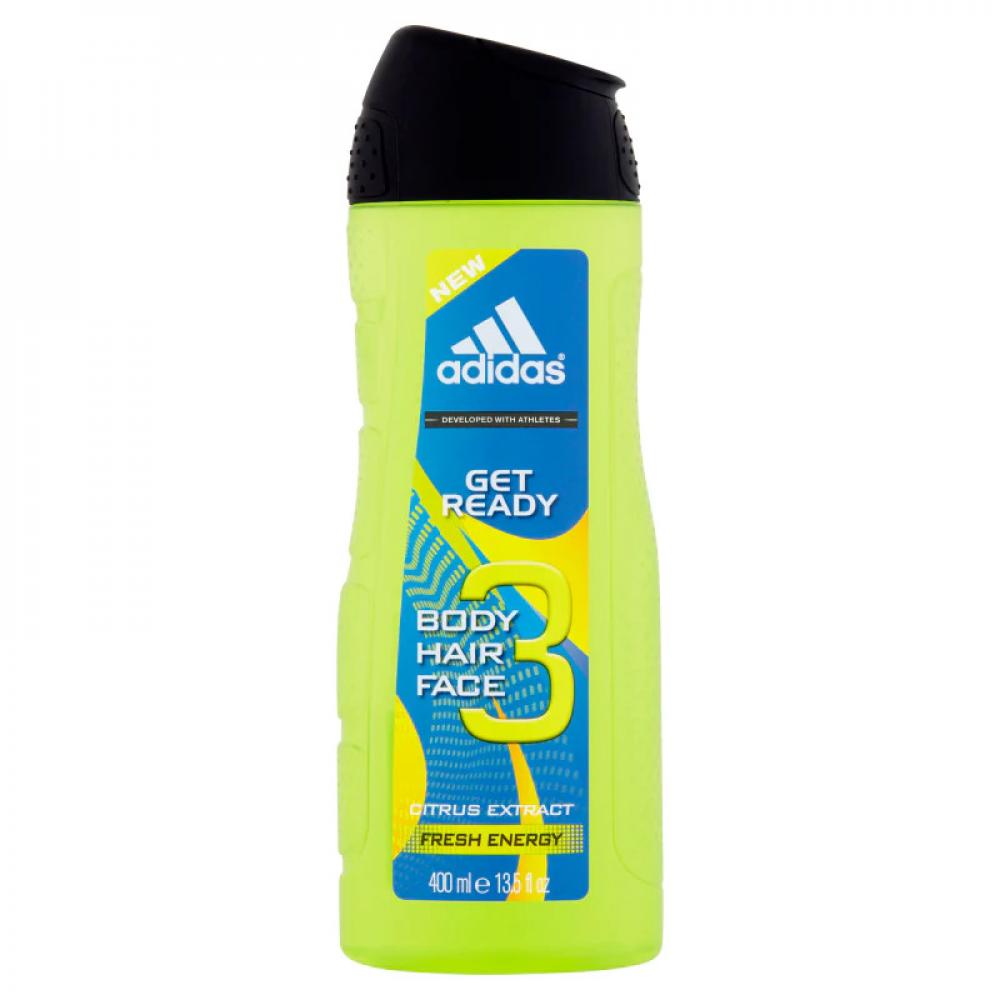 Adidas, Shower gel, Get ready 3 in 1, Citrus extract, Fresh energy, 13.5 fl. oz (400 ml) geepas hand shower portable in contemporary design 5 function rainfall circular power massage functions for soothing shower experience 0 1 0 3 mp