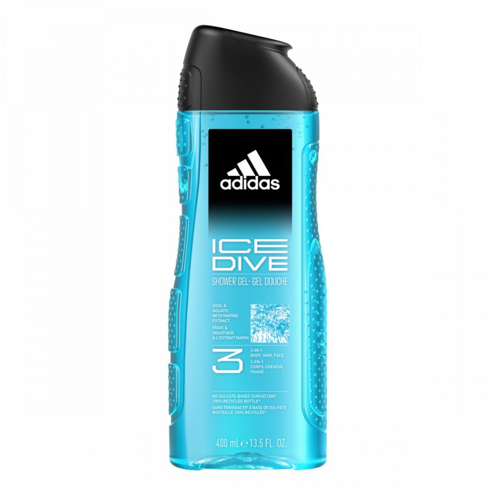 Adidas, Shower gel, Ice dive 3 in 1, 13.5 fl. oz (400 ml) flamingos ladies razor for facial and body hair 3 piece