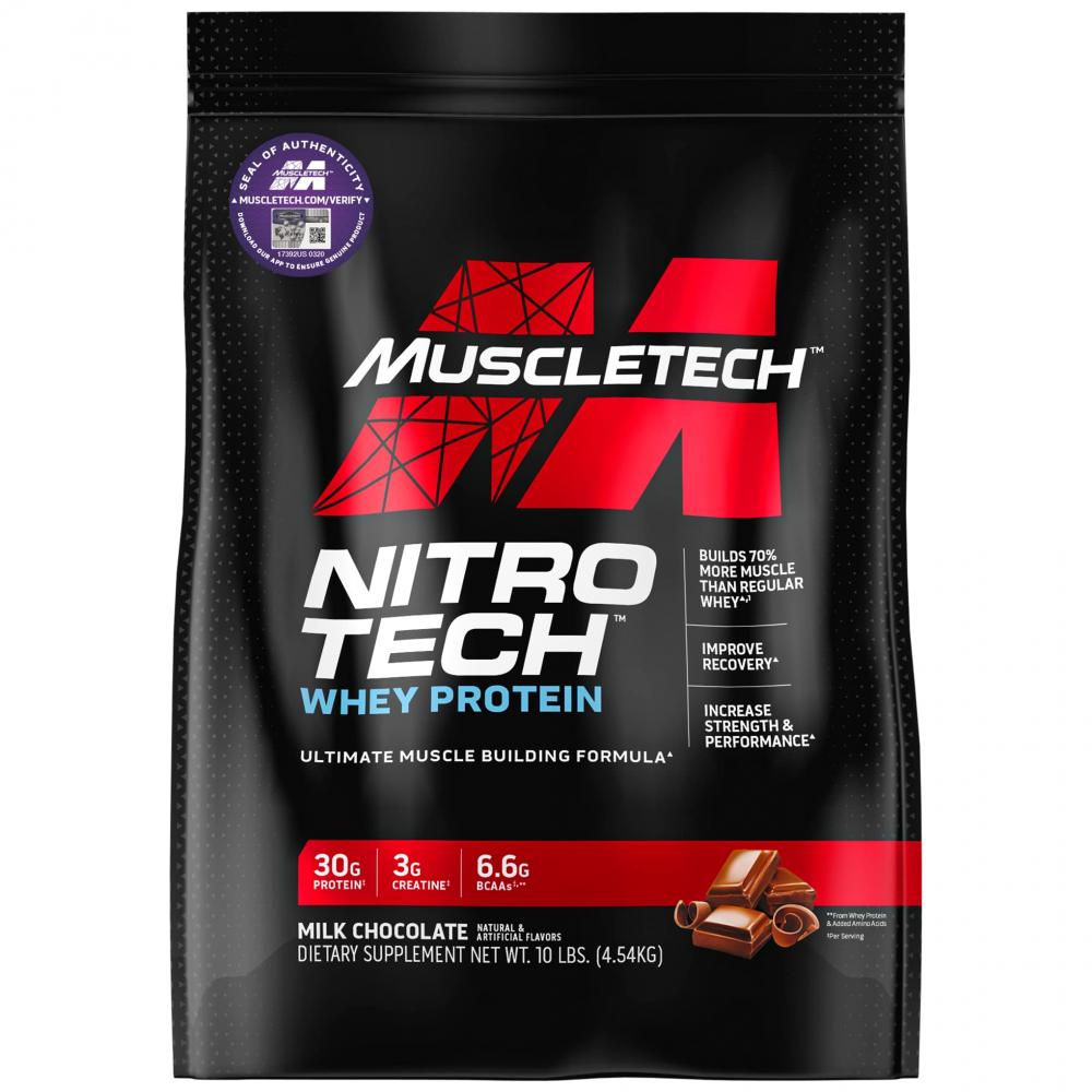 Muscletech Nitro Tech Whey Protein, Milk Chocolate, 10 LB taali smoky barbeque protein puffs 60 g