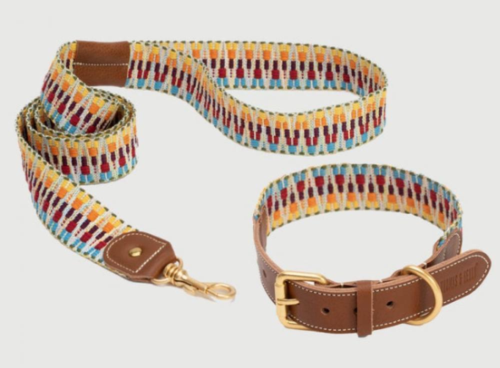 Iris Dog Collar Leash Set - M engraved leather dog collar canary tan m