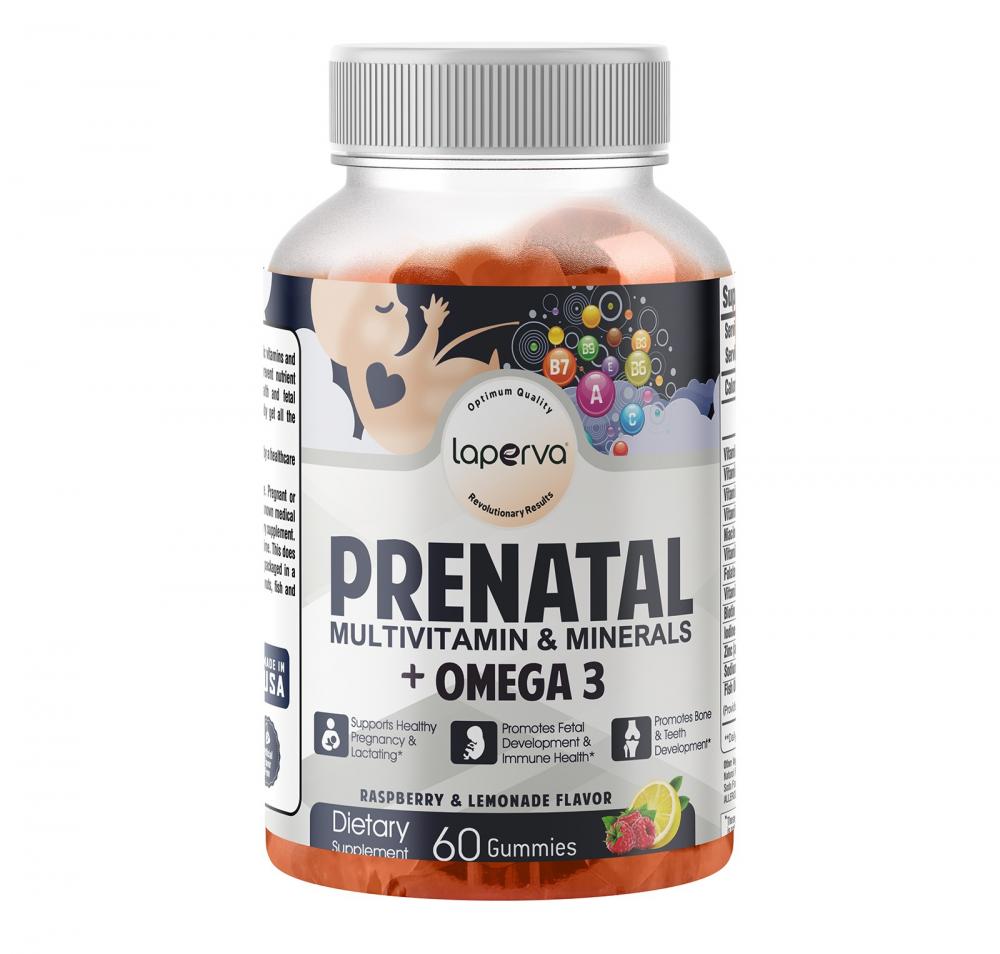 Laperva Prenatal Multivitamin \& Minerals + Omega 3, Raspberry Lemonade, 60 Gummies women s multivitamin dietary supplement 21 complete daily vitamins and minerals for bones skin hair nails and and supports female reproductive he
