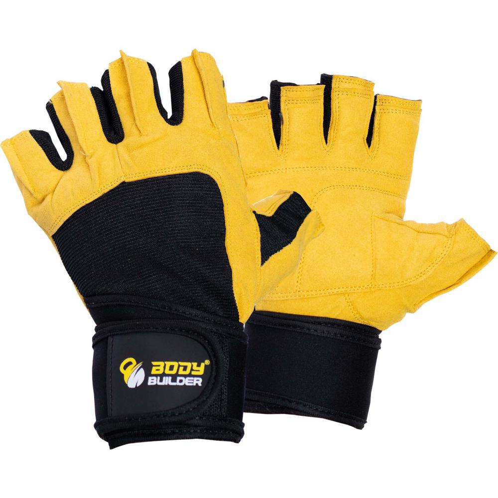Body Builder Wrist Support Gloves, XL, Black-Yellow body builder knee wrap support black