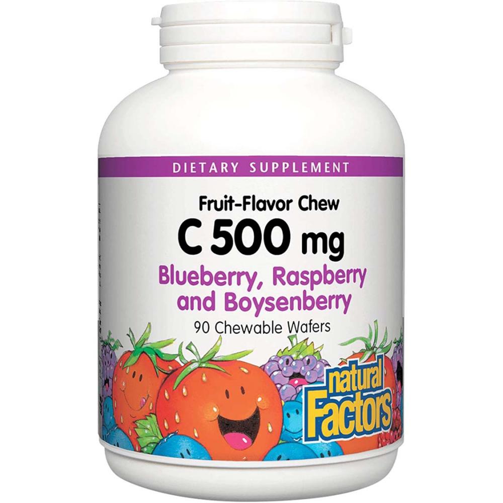 цена Natural Factors Vitamin C 500 mg, Blueberry, Raspberry and Boysenberry, 90 Chewable Wafers