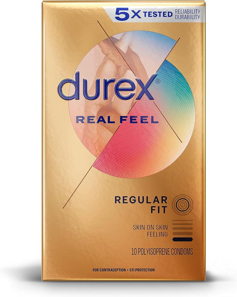 Durex \/ Condoms, Real feel, Regular fit, Skin on skin feeling, Non-latex, Lubricated, 10 condoms 49mm small size condoms with hyaluronic acid lubricated penis cock sleeve for men slim fit natural latex rubber condom sex toy