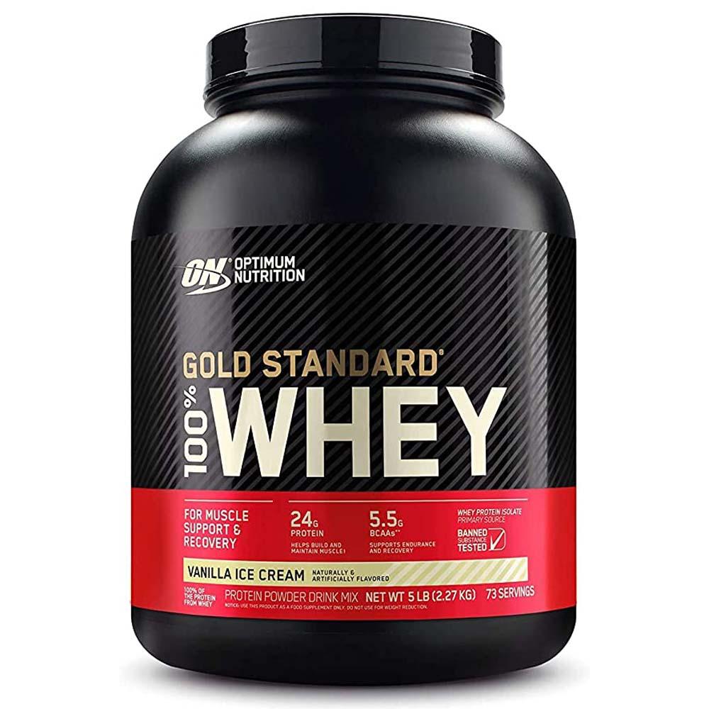 цена Optimum Nutrition Gold Standard 100% Whey Protein, Vanilla Ice Cream, 5 LB