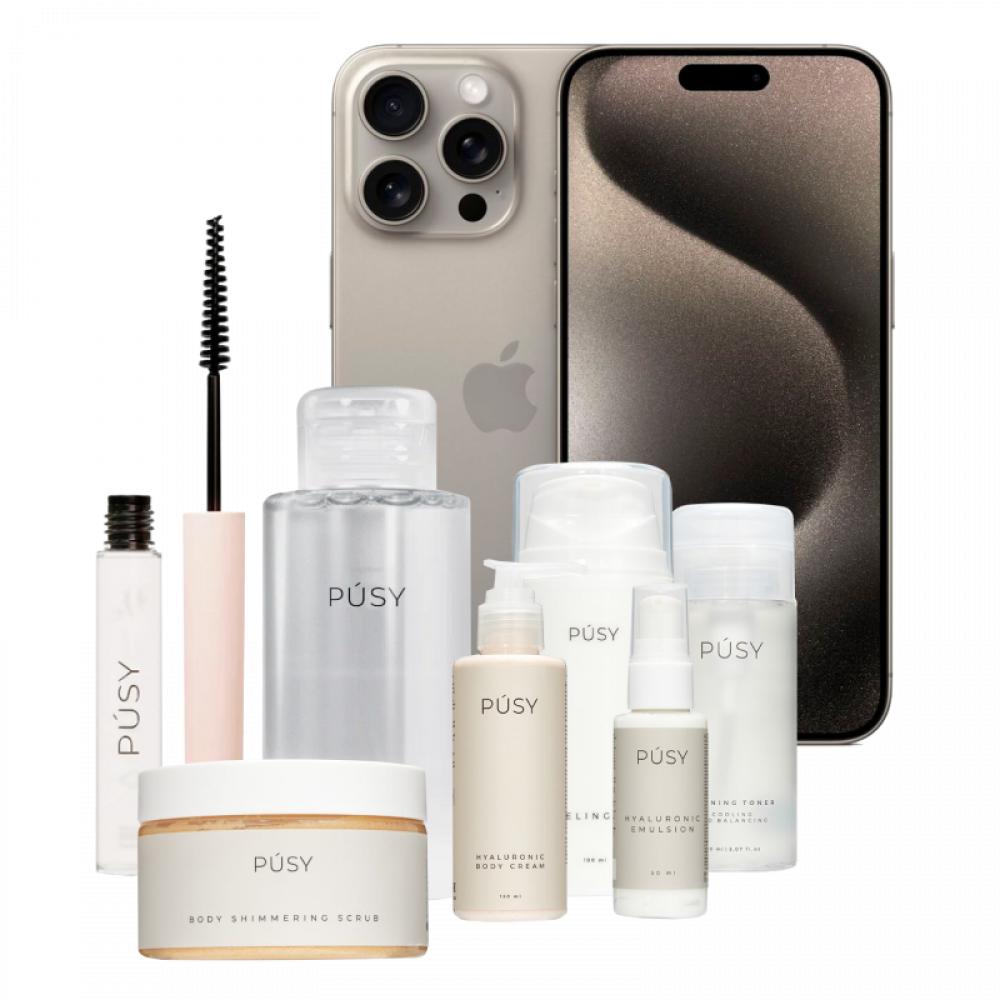 Beauty set, 1+7, iPhone 15 Pro Max, 256 GB, Natural titanium, eSIM + 7 PÚSY skincare essentials beauty set 1 7 iphone 15 pro max 256 gb natural titanium esim 7 púsy skincare essentials